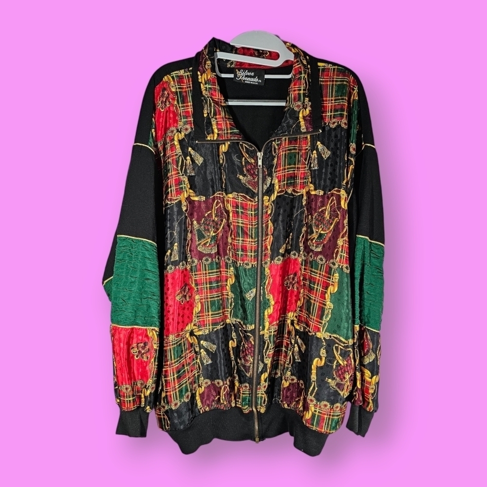 Silver Threads Baroque Windbreaker Full Zip Oversized Plaid Patch Jacket Size XL